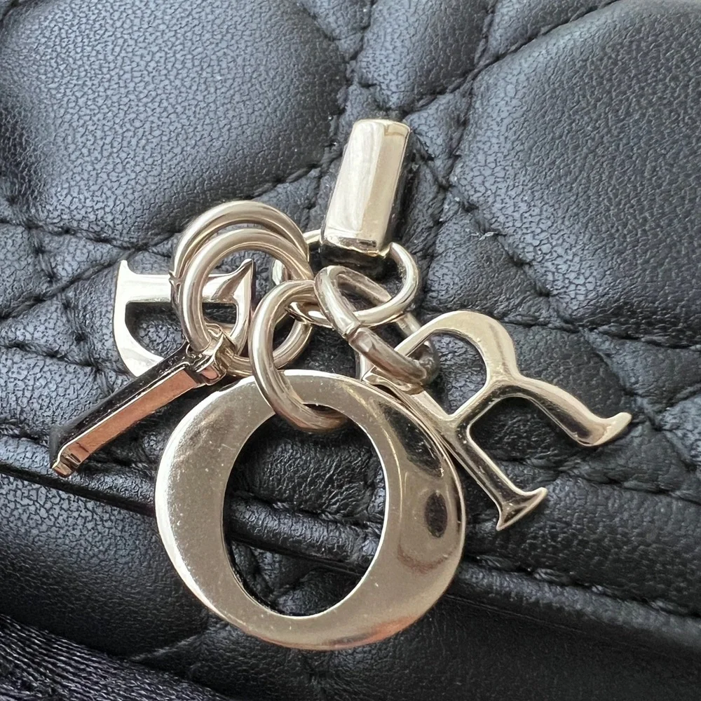 Auth Dior Quilted Logo Charm Key Holder Wallet - Black w/ Gold Hardware